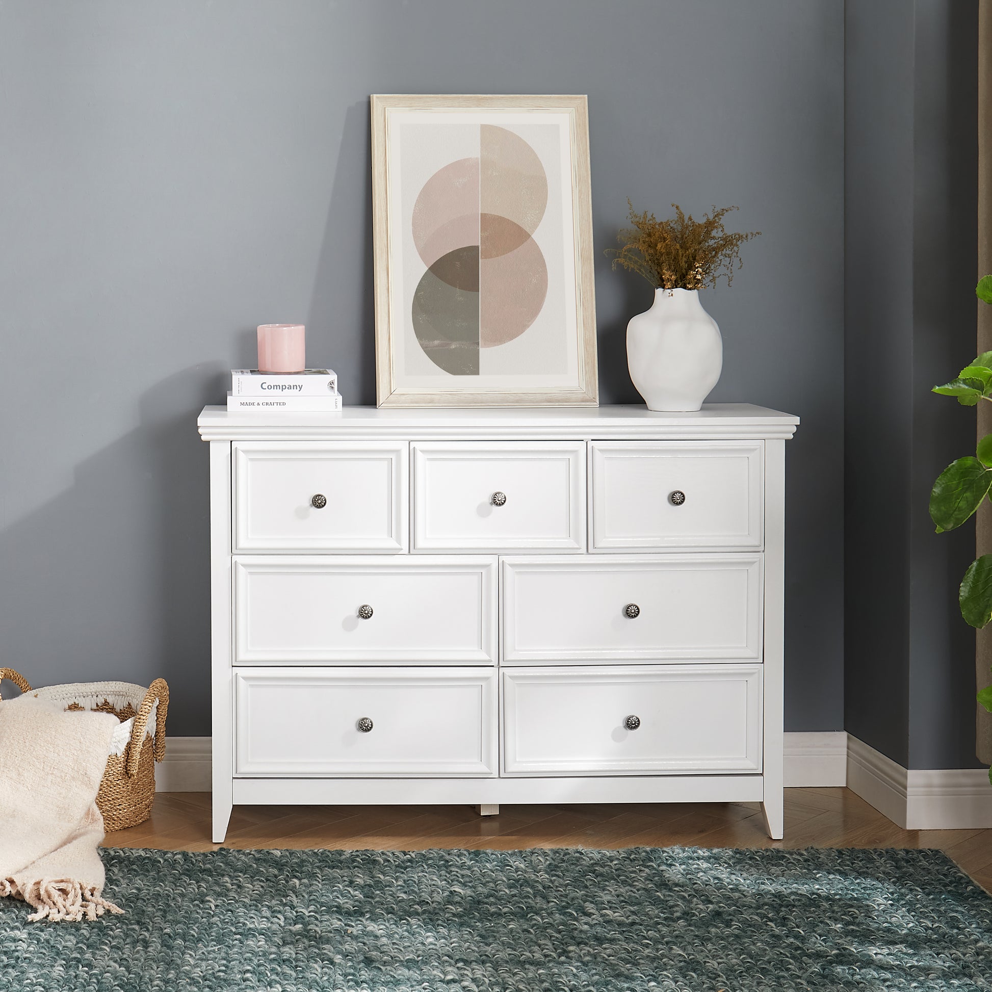 7 Drawer White MDF Dresser - Living Room Storage Cabinet