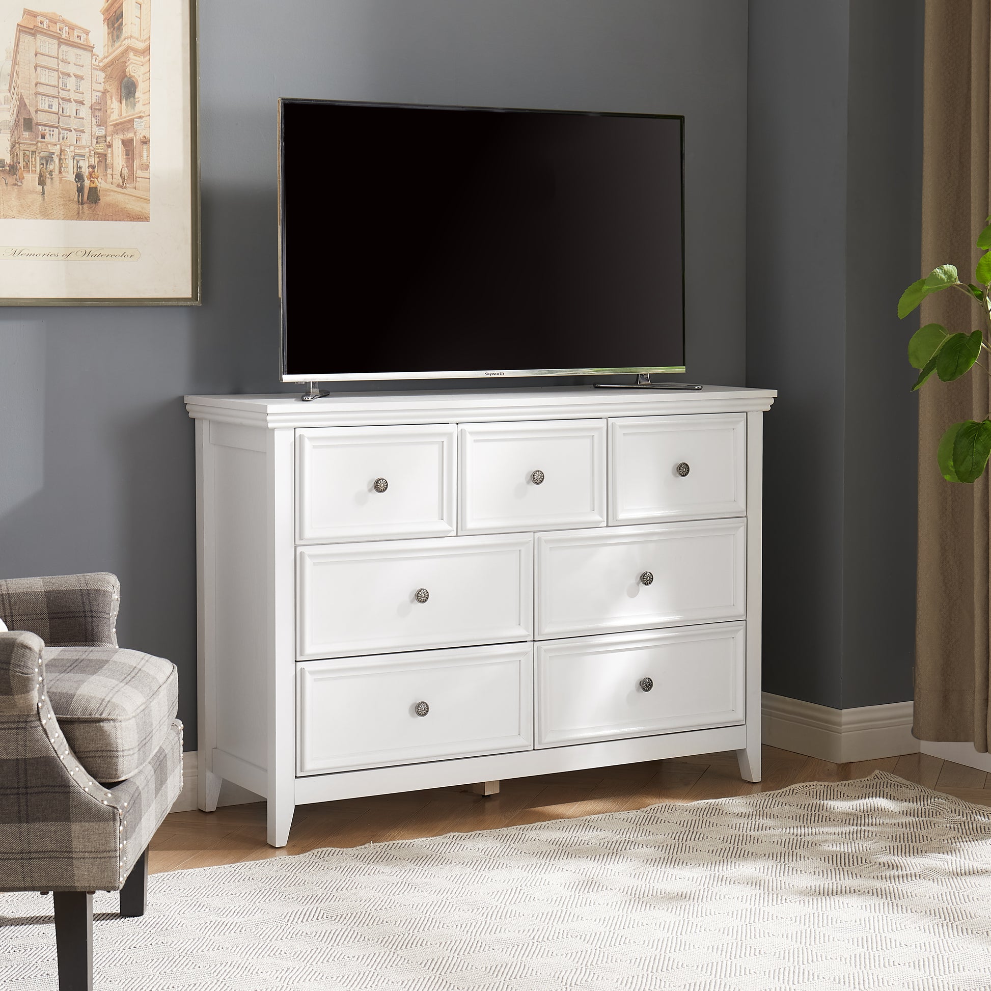 7 Drawer White MDF Dresser - Living Room Storage Cabinet