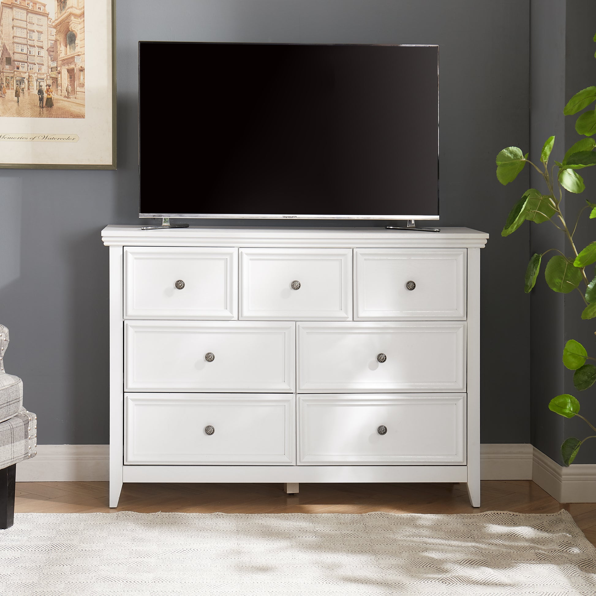 7 Drawer White MDF Dresser - Living Room Storage Cabinet