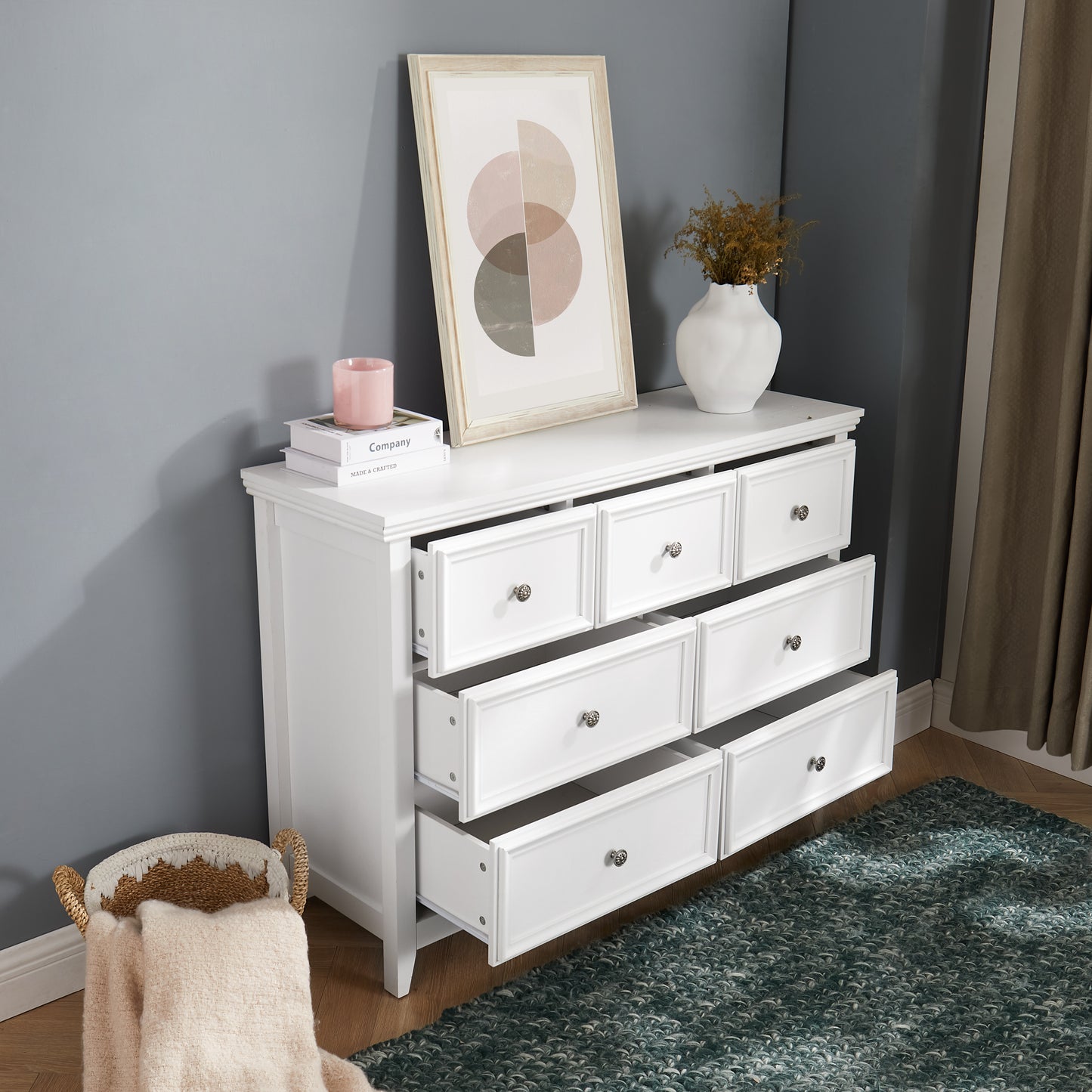 7 Drawer White MDF Dresser - Living Room Storage Cabinet