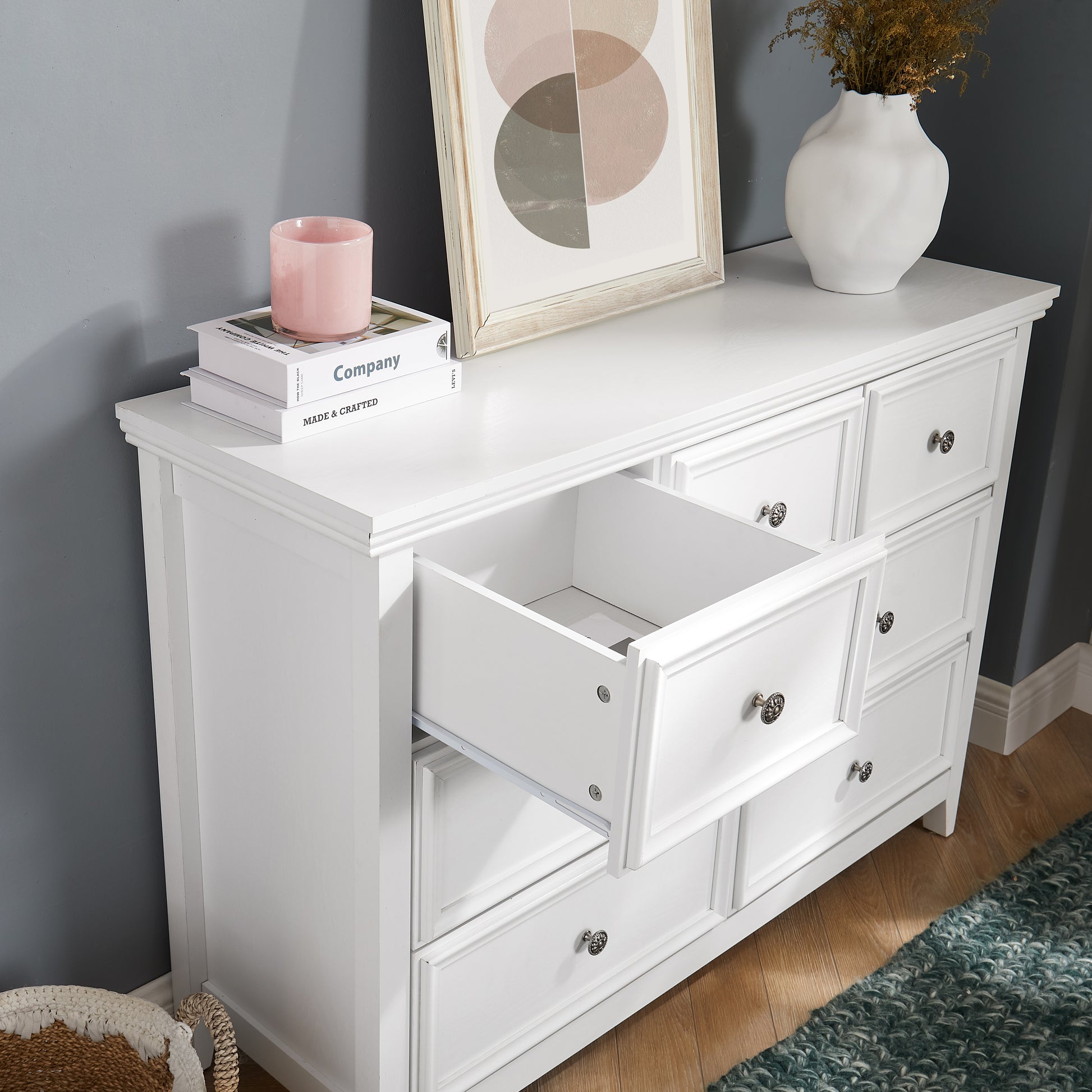 7 Drawer White MDF Dresser - Living Room Storage Cabinet