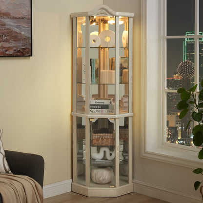 White Glass Corner Cabinet with Light - Display Curio Shelf Unit for Living Room