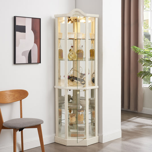 Glass Cabinet Lighted Corner Cabinet Corner Display Curio Cabinet, Glass Display With Light(Included)Bar Cabinet, Wine Cabinet with Adjustable Glass Shelves Carved Decoration WHITE, Light(Included)