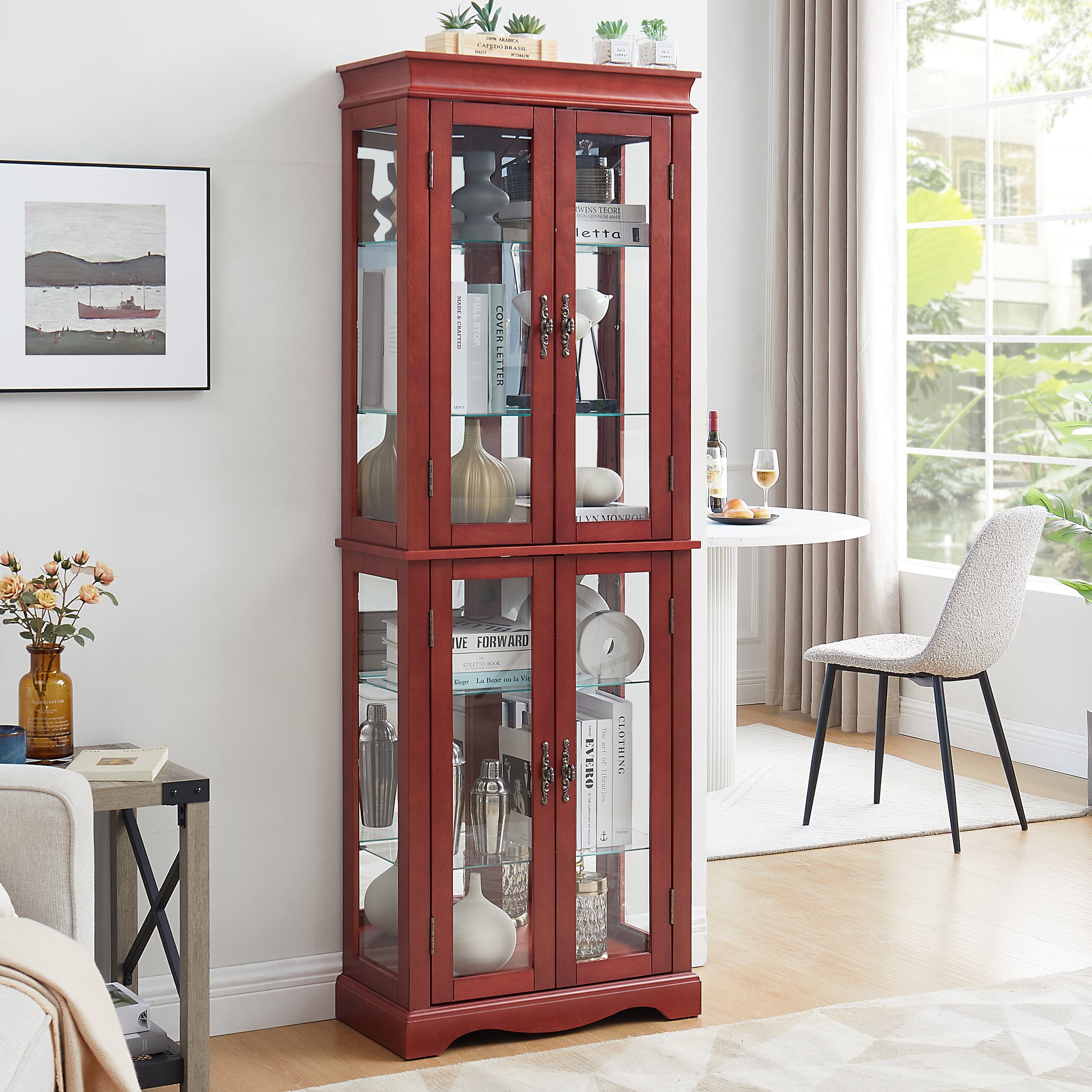 Lighted Glass Curio Cabinet - Cherry MDF+Glass Display Case for Living Room