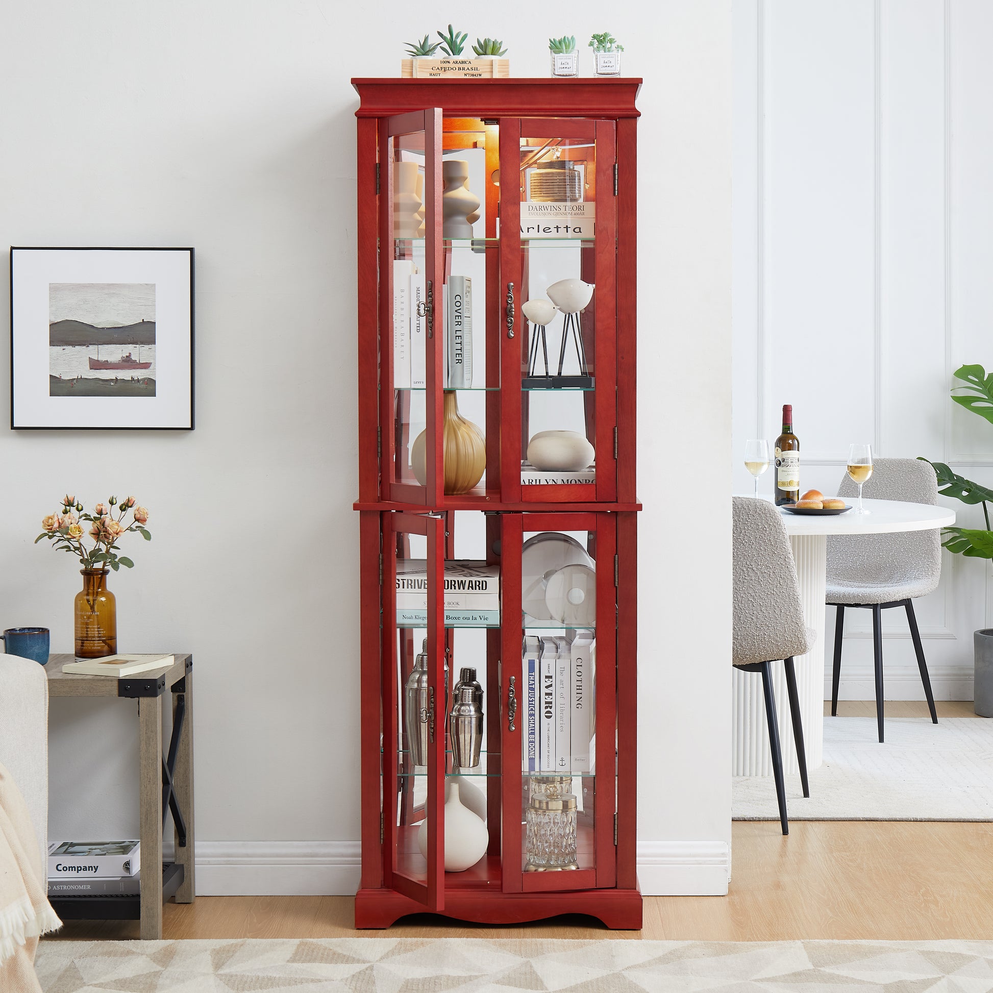 Lighted Glass Curio Cabinet - Cherry MDF+Glass Display Case for Living Room
