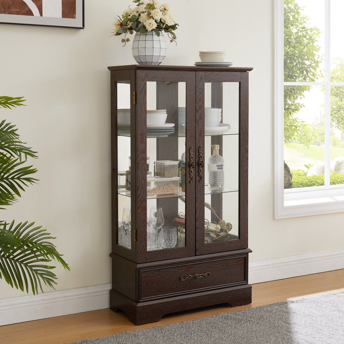 Cherry Glass Display Cabinet - 3 Shelves, Adjustable Storage for Living Room