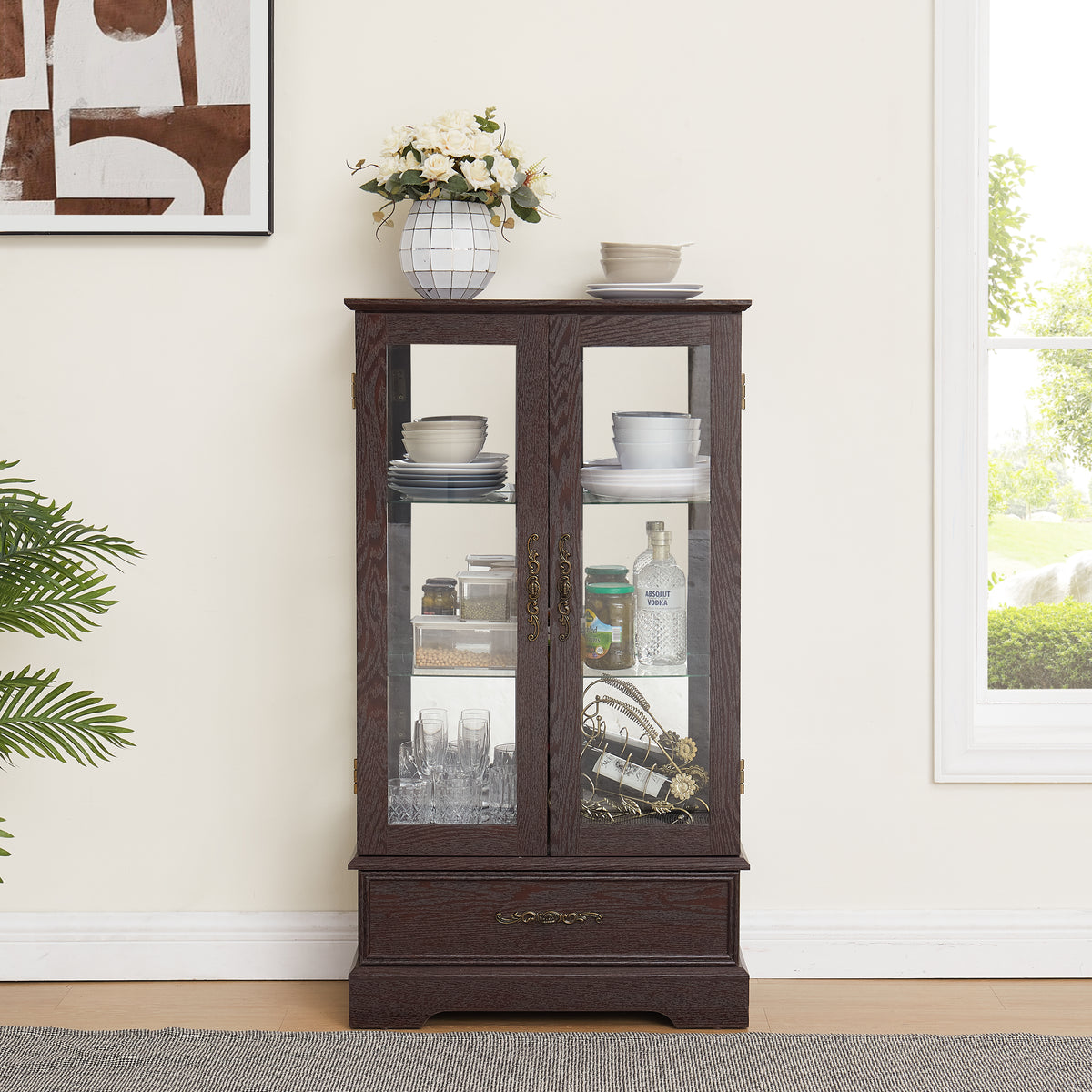 Cherry Glass Display Cabinet - 3 Shelves, Adjustable Storage for Living Room