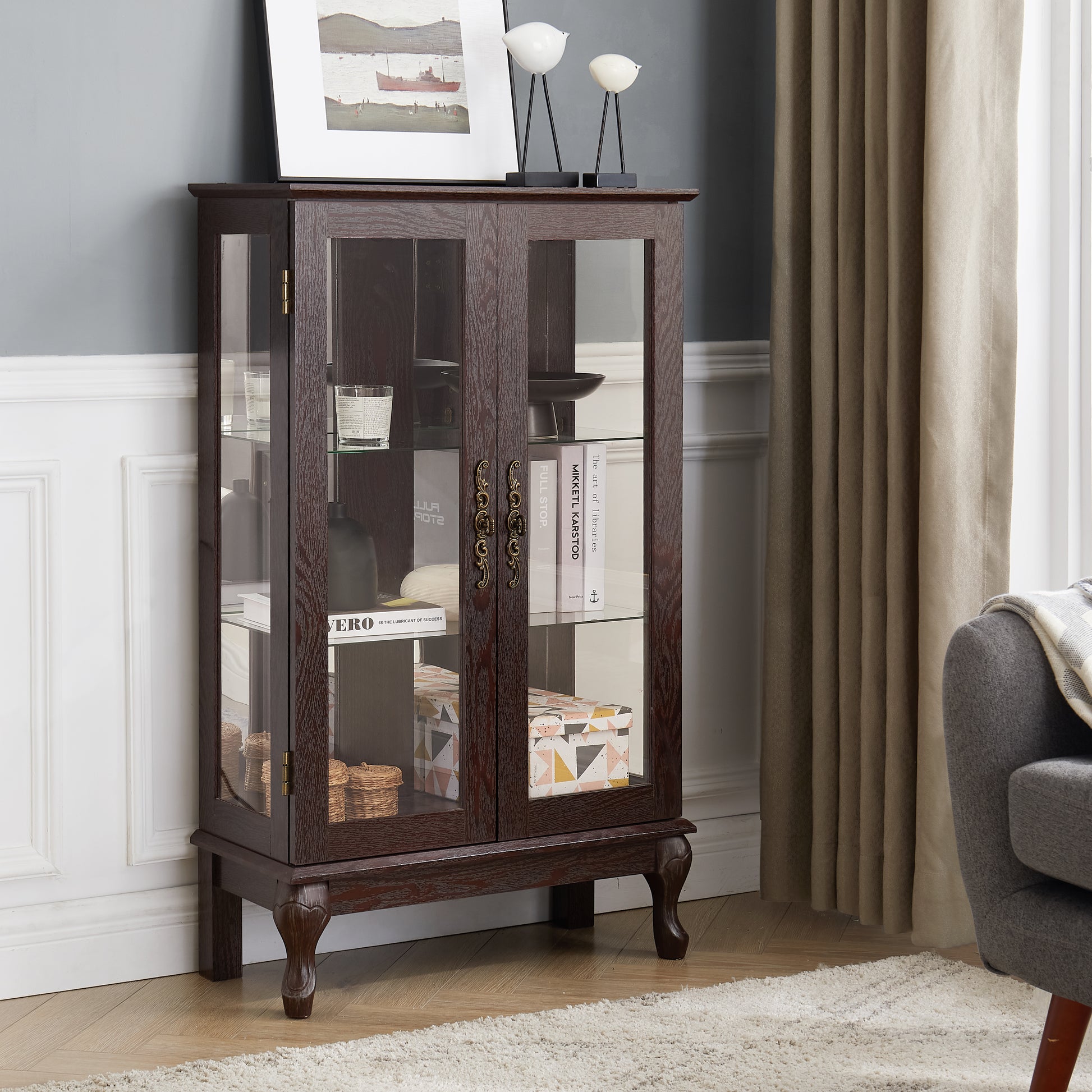 2 Door Curio Cabinet Cherry - Display Storage for Home Office