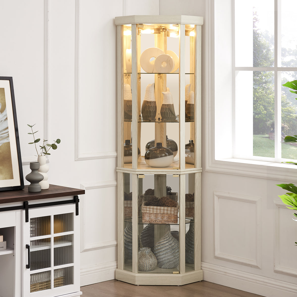 Antique White Corner Curio Cabinet with Lights - Display Case