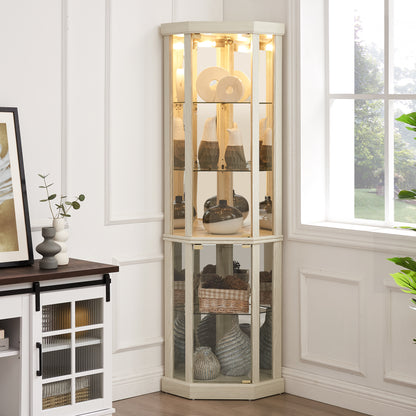 Antique White Corner Curio Cabinet with Lights - Display Case