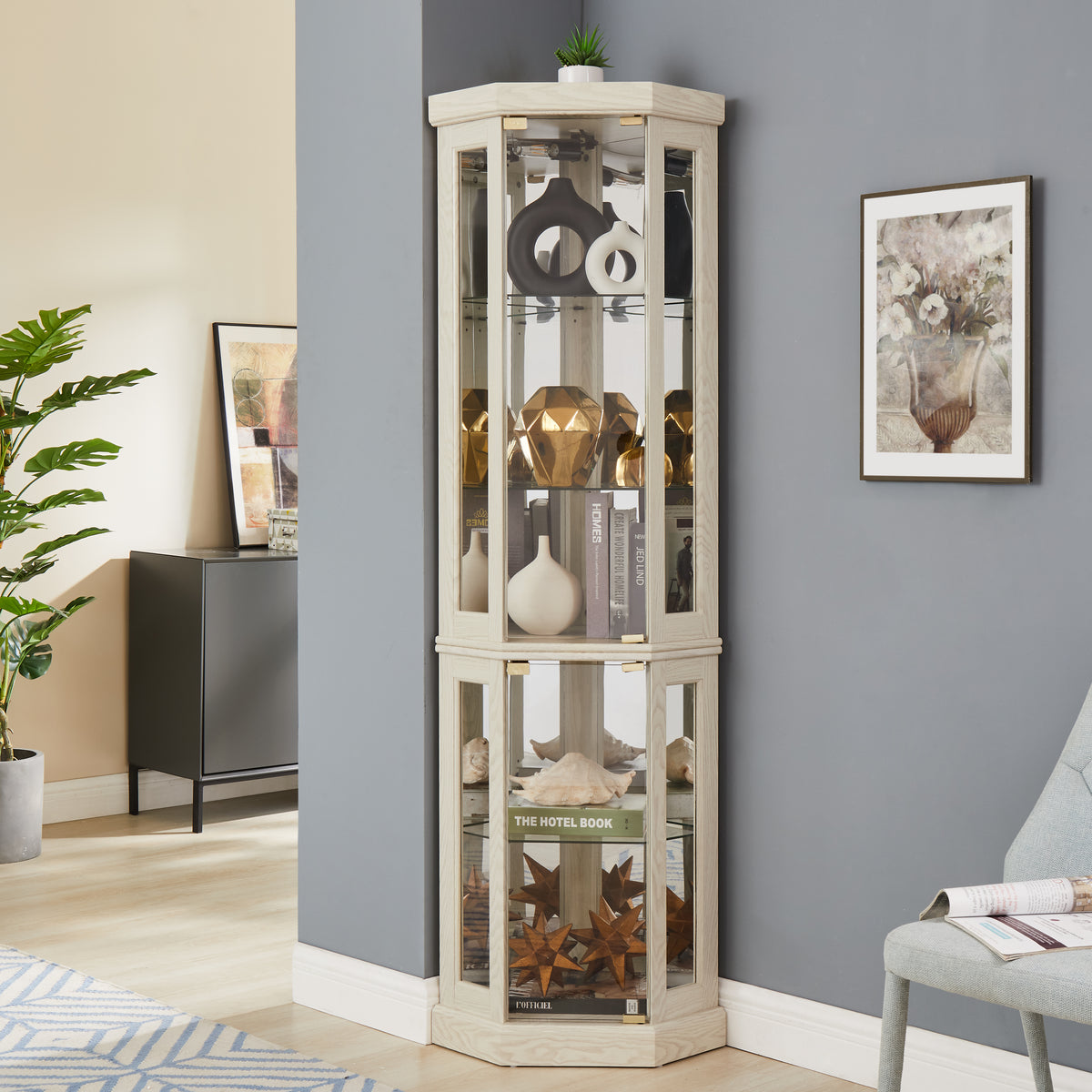 Antique White Corner Glass Curio Cabinet with Light for Living Room