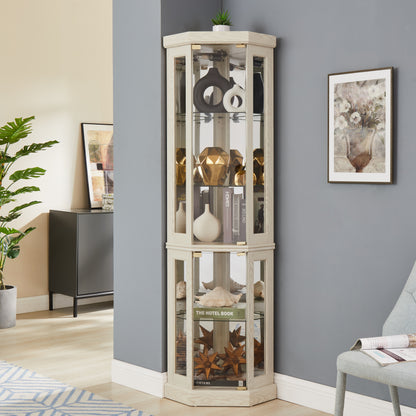 Antique White Corner Glass Curio Cabinet with Light for Living Room