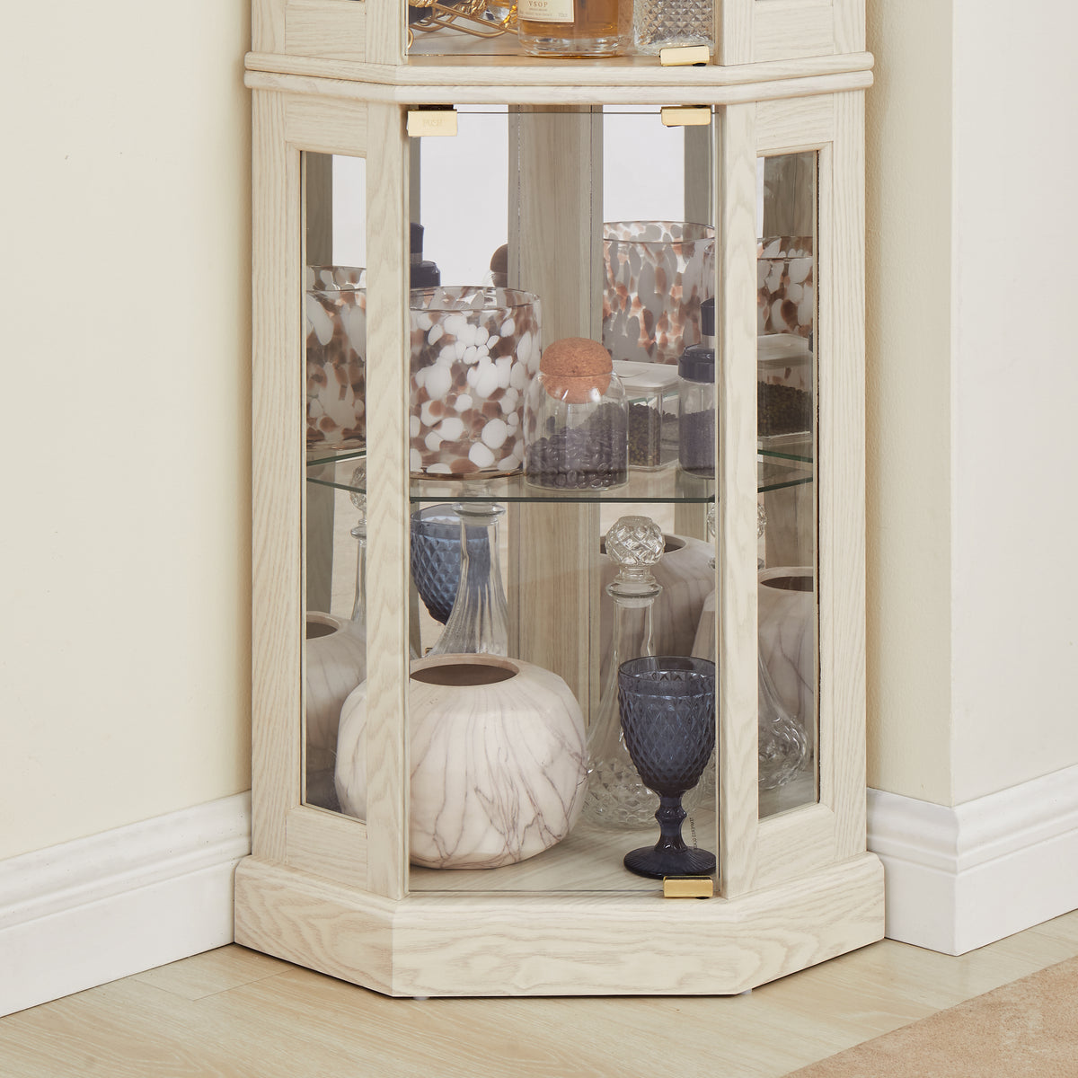 Antique White Corner Glass Curio Cabinet with Light for Living Room