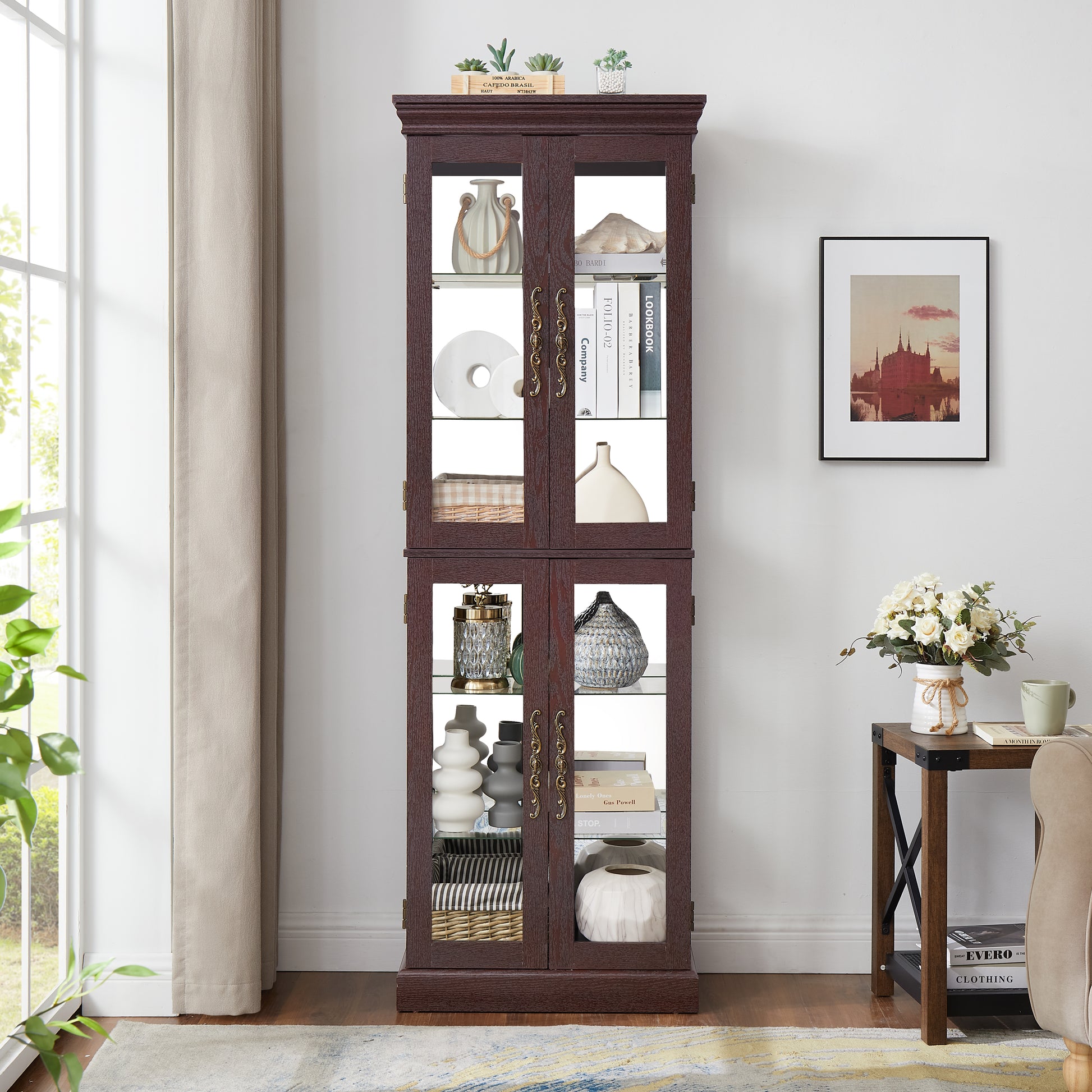 Living Room Lighted Cherry MDF Display Cabinet - 24.21 x 12.20 x 71.26", Storage