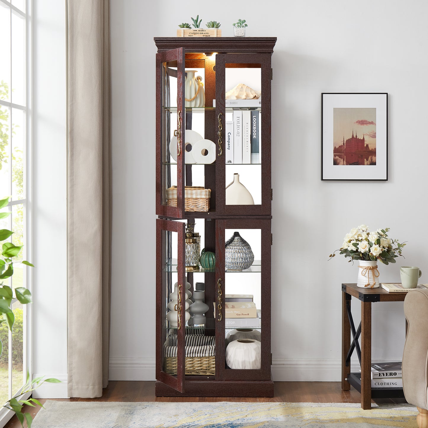 Living Room Lighted Cherry MDF Display Cabinet - 24.21 x 12.20 x 71.26", Storage