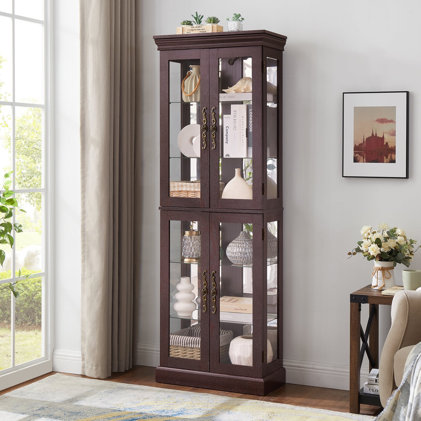 Living Room Lighted Cherry MDF Display Cabinet - 24.21 x 12.20 x 71.26", Storage