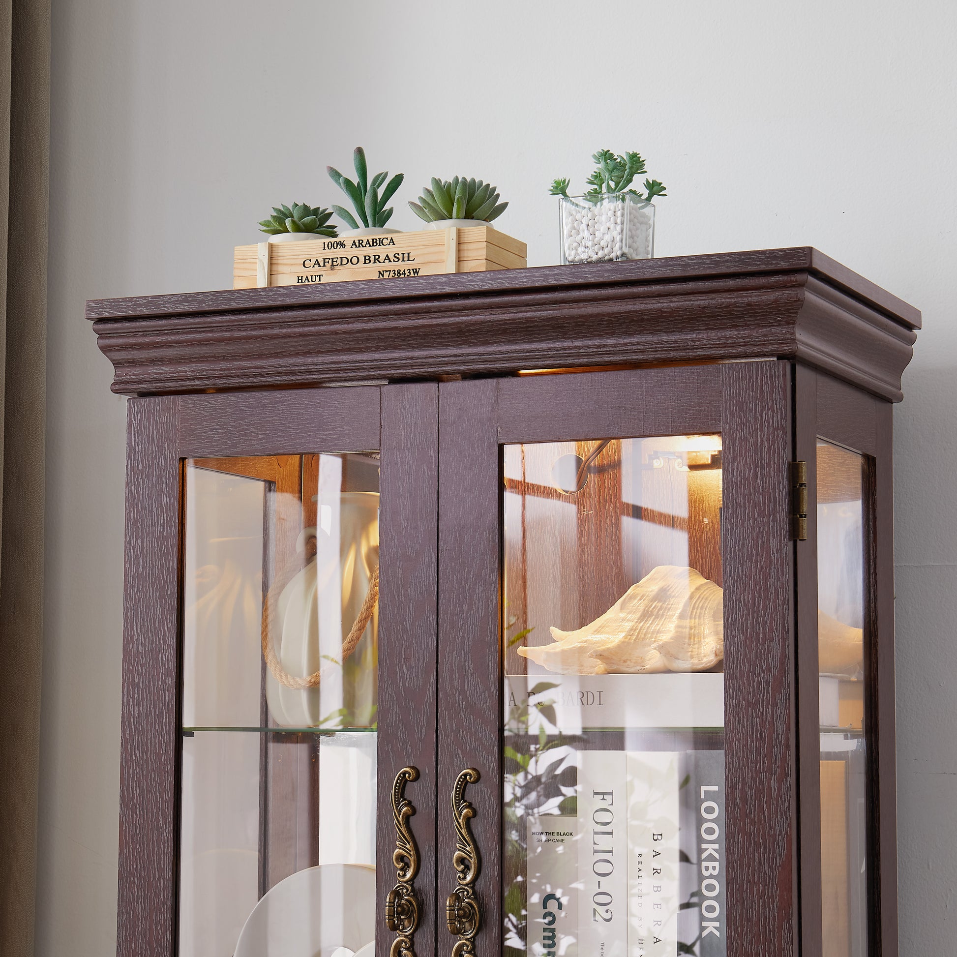 Living Room Lighted Cherry MDF Display Cabinet - 24.21 x 12.20 x 71.26", Storage