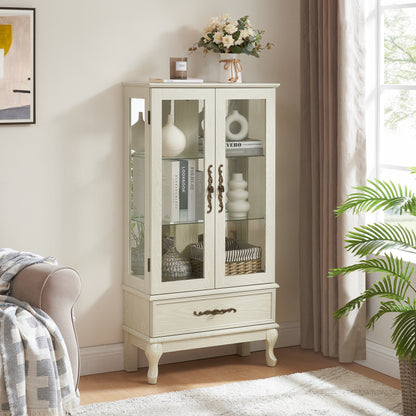 Antique White Curio Cabinet - Glass Display Shelves for Living Room