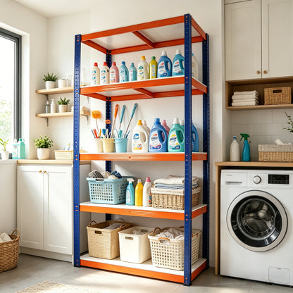 71" Blue & Orange Iron Storage Shelves - Heavy Duty Garage Shelving