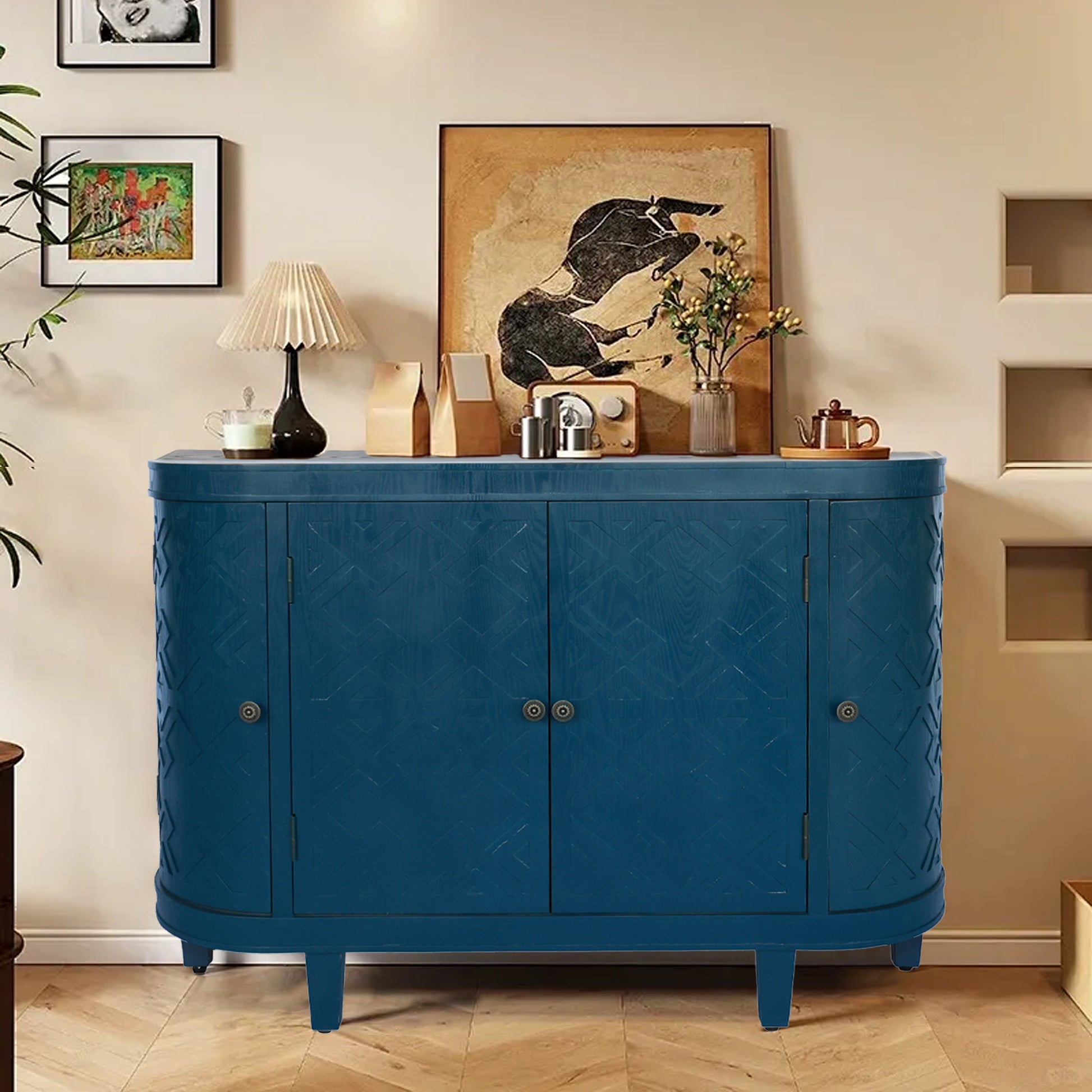 47''Oval Storage Cabinet with 4 Doors,Buffet Sideboard Cabinet with Storage, Fluted Accent Storage Cabinet with Curvy Edge, Sliding Door, Freestanding Credenza, Console Table for Living Room, Kitchen