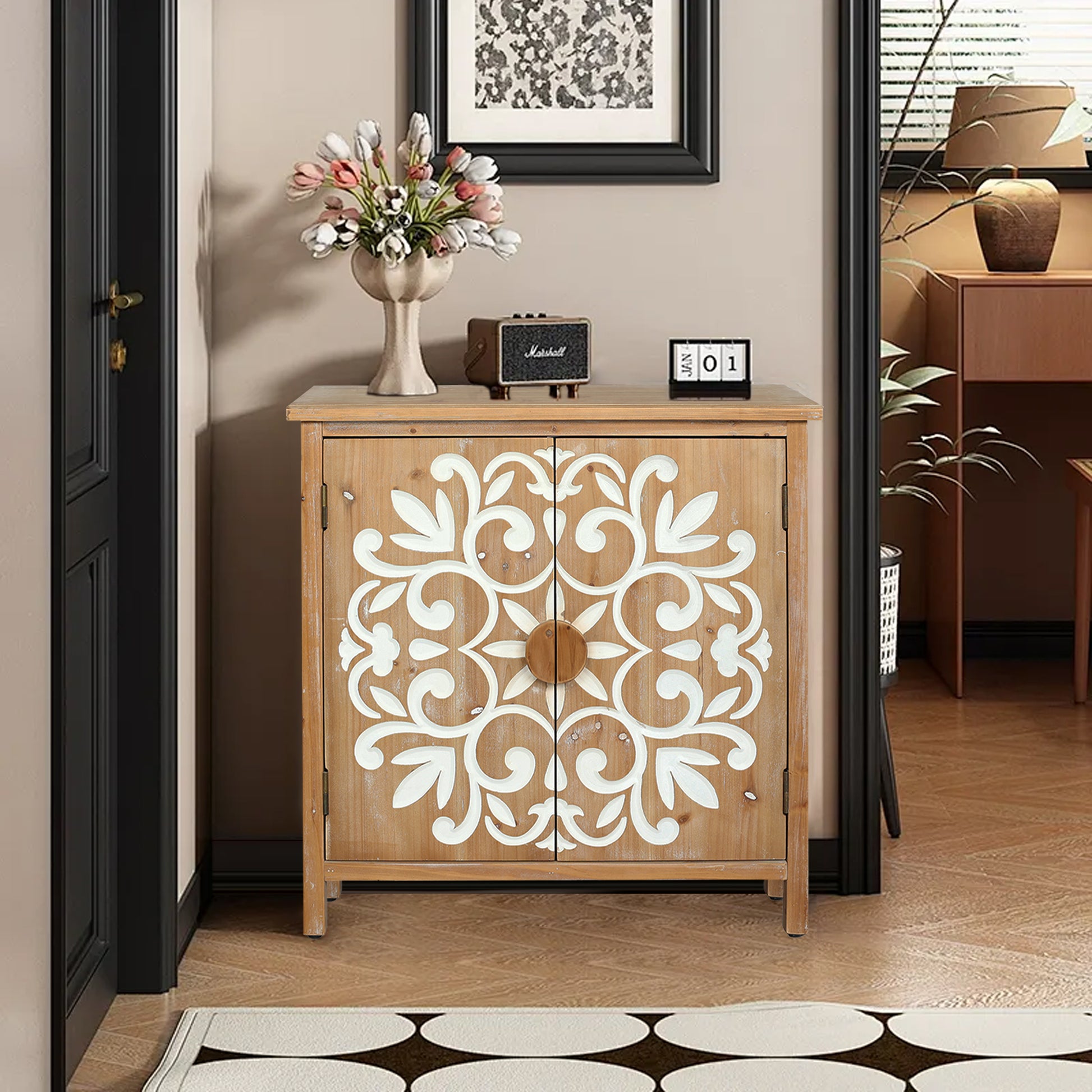 Antique Brown+White Accent Chest - Dining Room Storage