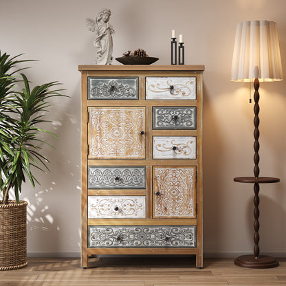 Vintage Tall Wooden Accent Cabinet with 7 Drawers & 2 Doors, Rustic Multicolor Carved Storage Chest for Living Room, Bedroom, Bathroom, Farmhouse Style Decor (27.76" L x 14.37" W x 47.44" H)