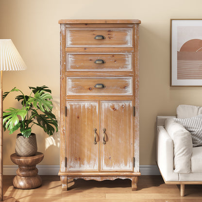 Rustic Wooden Storage Cabinet with Decorative Cutout Door & 3 Drawers, Tall Narrow Organizer for Living Room, Bedroom(Natural Wood)