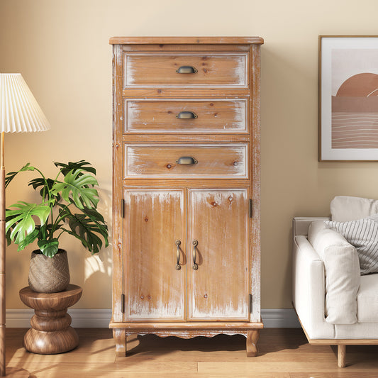 Rustic Wooden Storage Cabinet with Decorative Cutout Door & 3 Drawers, Tall Narrow Organizer for Living Room, Bedroom(Natural Wood)