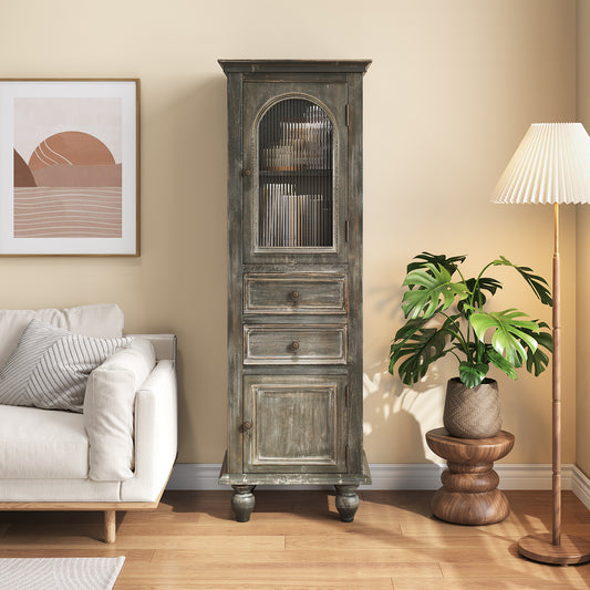 Farmhouse Tall Narrow Storage Cabinet – Rustic Wood Linen Cabinet with 2 Drawers & 2 Doors, Freestanding Bathroom Floor Cabinet for Living Room, Hallway, Kitchen (Black&Gray)