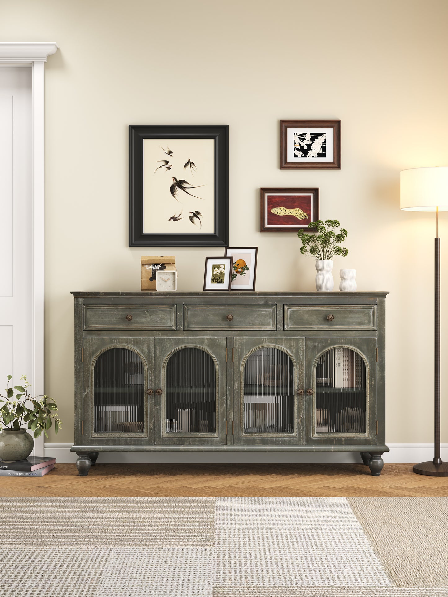 59.06" Farmhouse Sideboard Buffet Cabinet, Distressed Wood Credenza with 3 Drawers & 4 Glass Doors, Rustic Storage Cabinet with Shelves for Kitchen, Dining Room, Living Room, Black & Gray