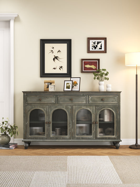59.06" Farmhouse Sideboard Buffet Cabinet, Distressed Wood Credenza with 3 Drawers & 4 Glass Doors, Rustic Storage Cabinet with Shelves for Kitchen, Dining Room, Living Room, Black & Gray