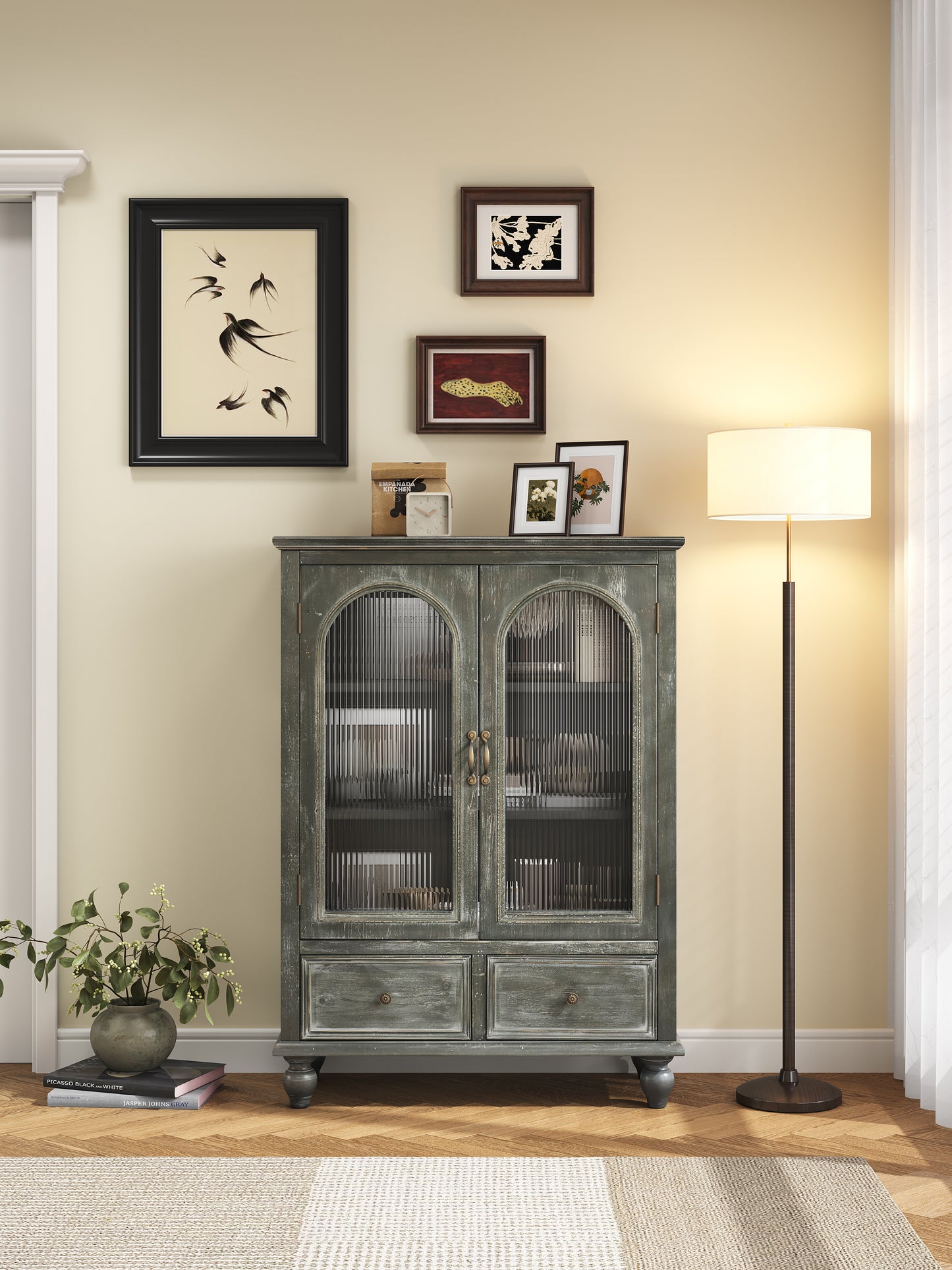 Farmhouse Storage Cabinet, Distressed Wood Kitchen Pantry Cabinet with 2 Glass Doors & 2 Drawers, Rustic Freestanding Buffet Cupboard with Shelves for Living Room, Dining Room,Black & Gray