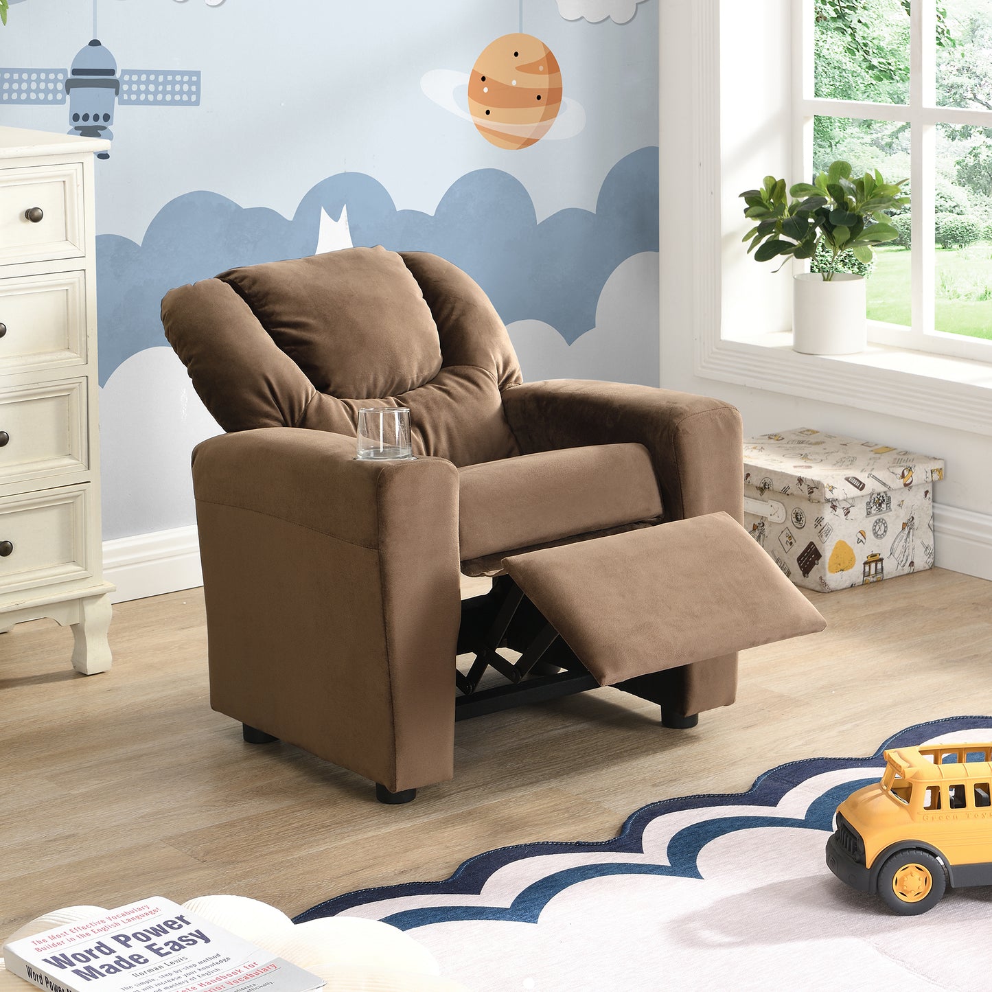 Kids Recliner Chair - Brown Velvet, Cup Holder & Footrest