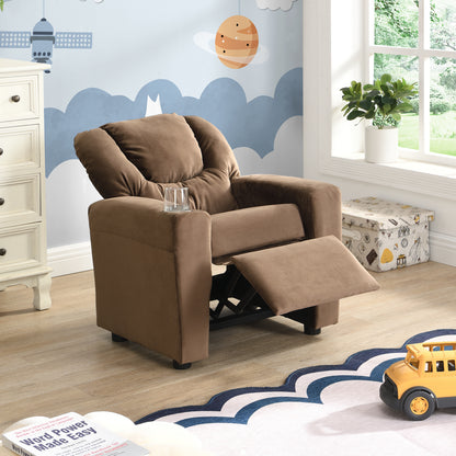 Kids Recliner Chair - Brown Velvet, Cup Holder & Footrest