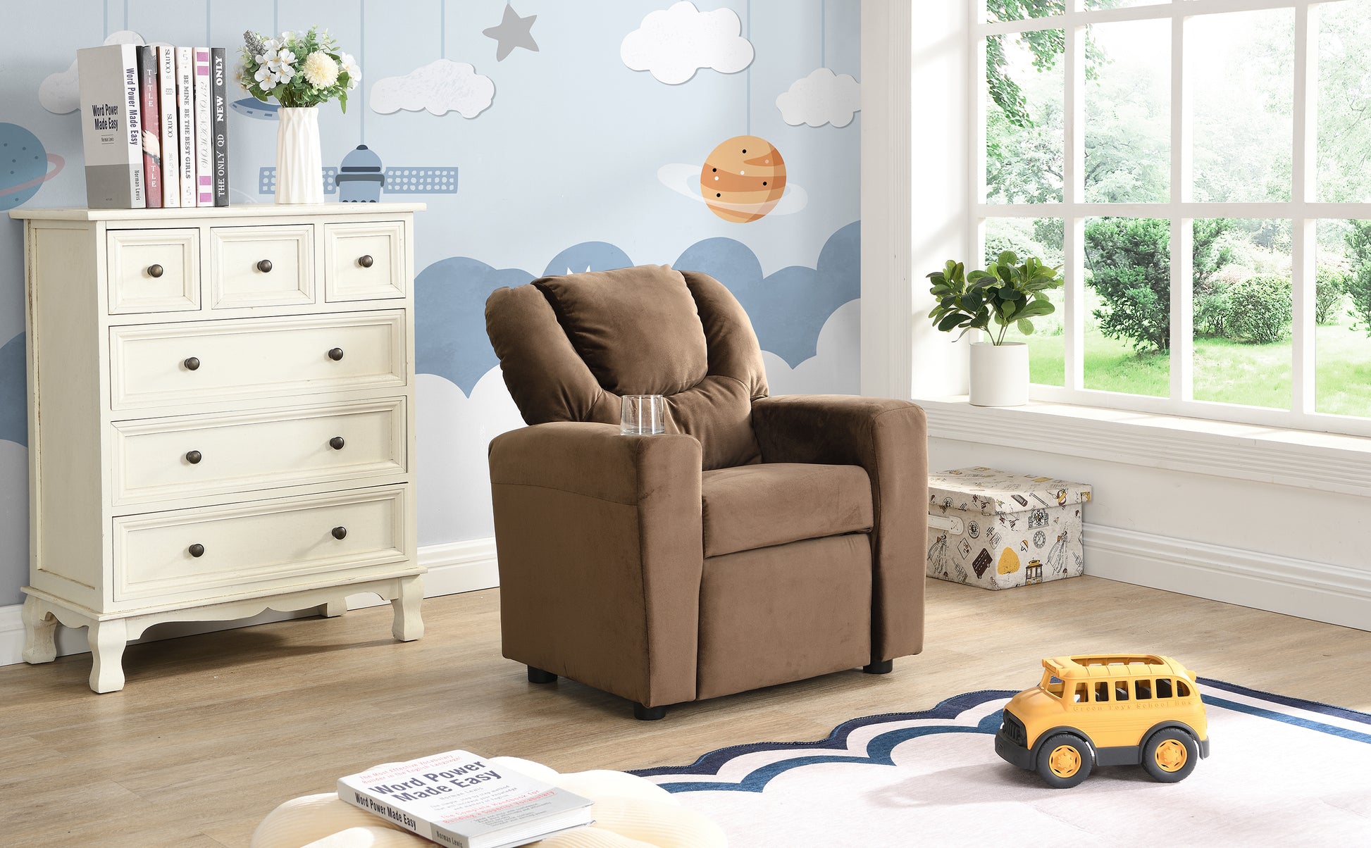 Kids Recliner Chair - Brown Velvet, Cup Holder & Footrest
