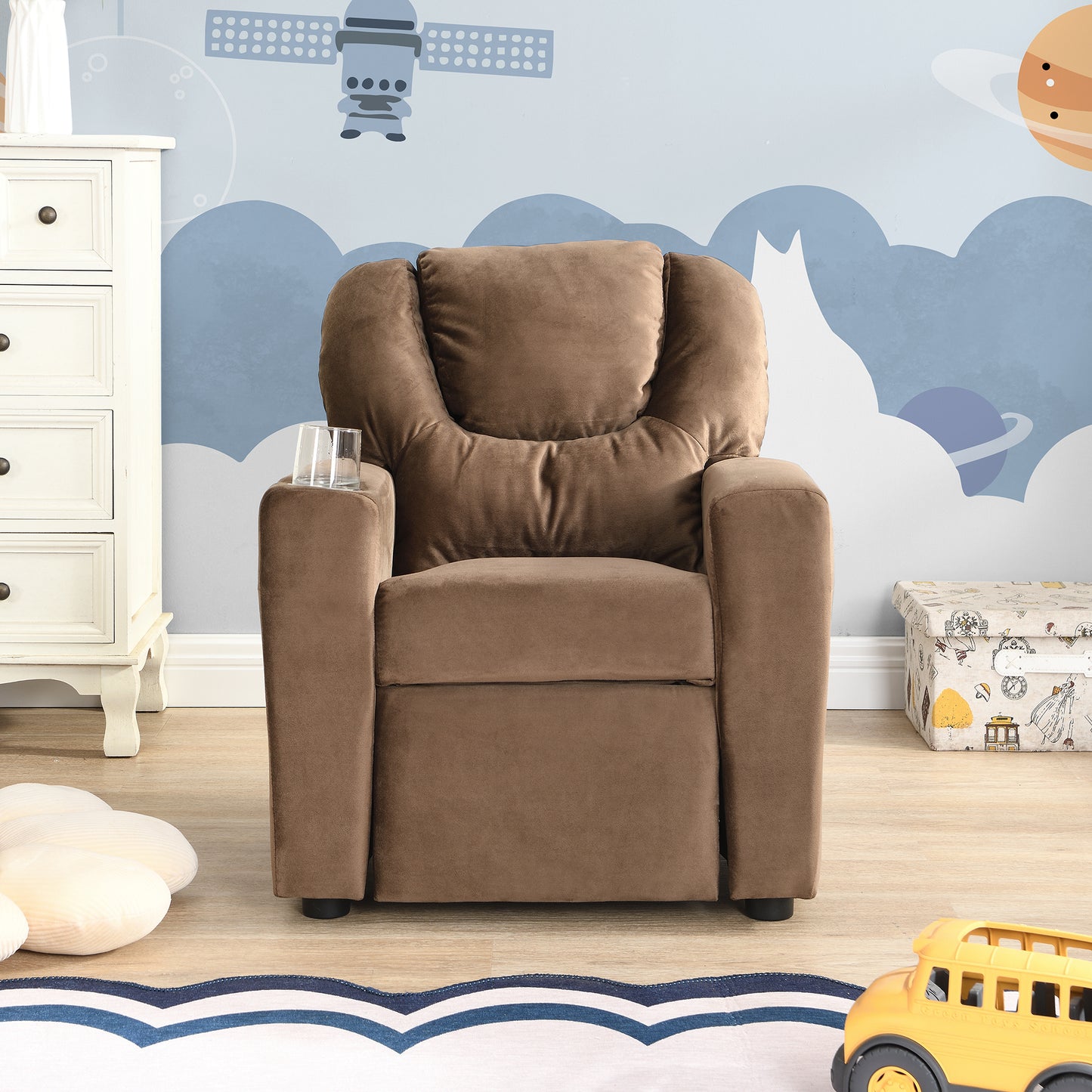 Kids Recliner Chair - Brown Velvet, Cup Holder & Footrest