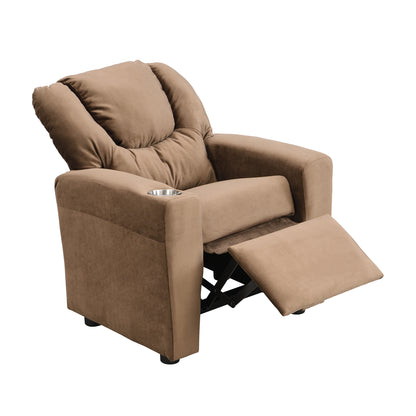 Kids Recliner Chair - Brown Velvet, Cup Holder & Footrest