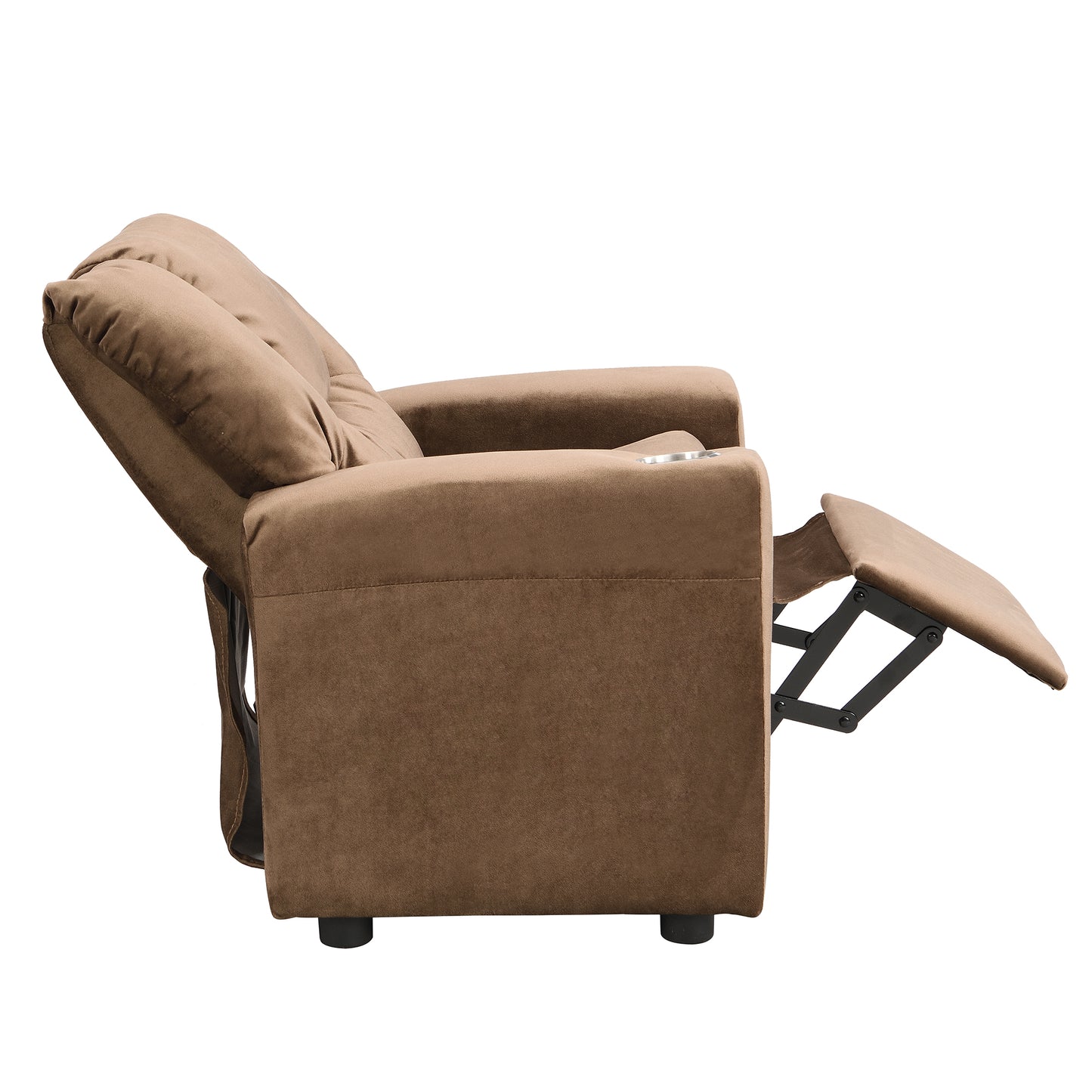 Kids Recliner Chair - Brown Velvet, Cup Holder & Footrest