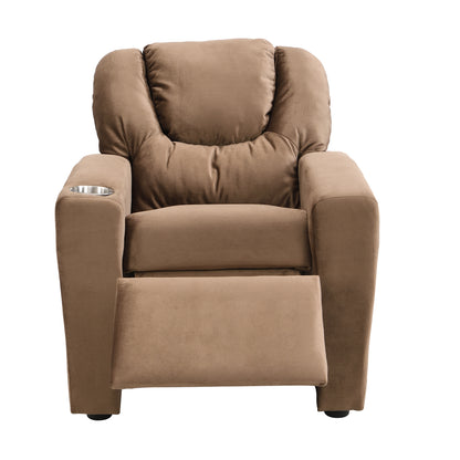 Kids Recliner Chair - Brown Velvet, Cup Holder & Footrest