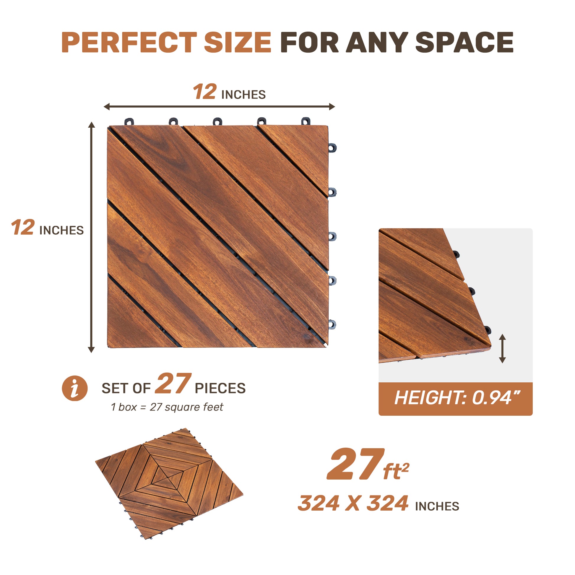 12x12 Acacia Wood Deck Tiles - 27 Piece Outdoor Flooring