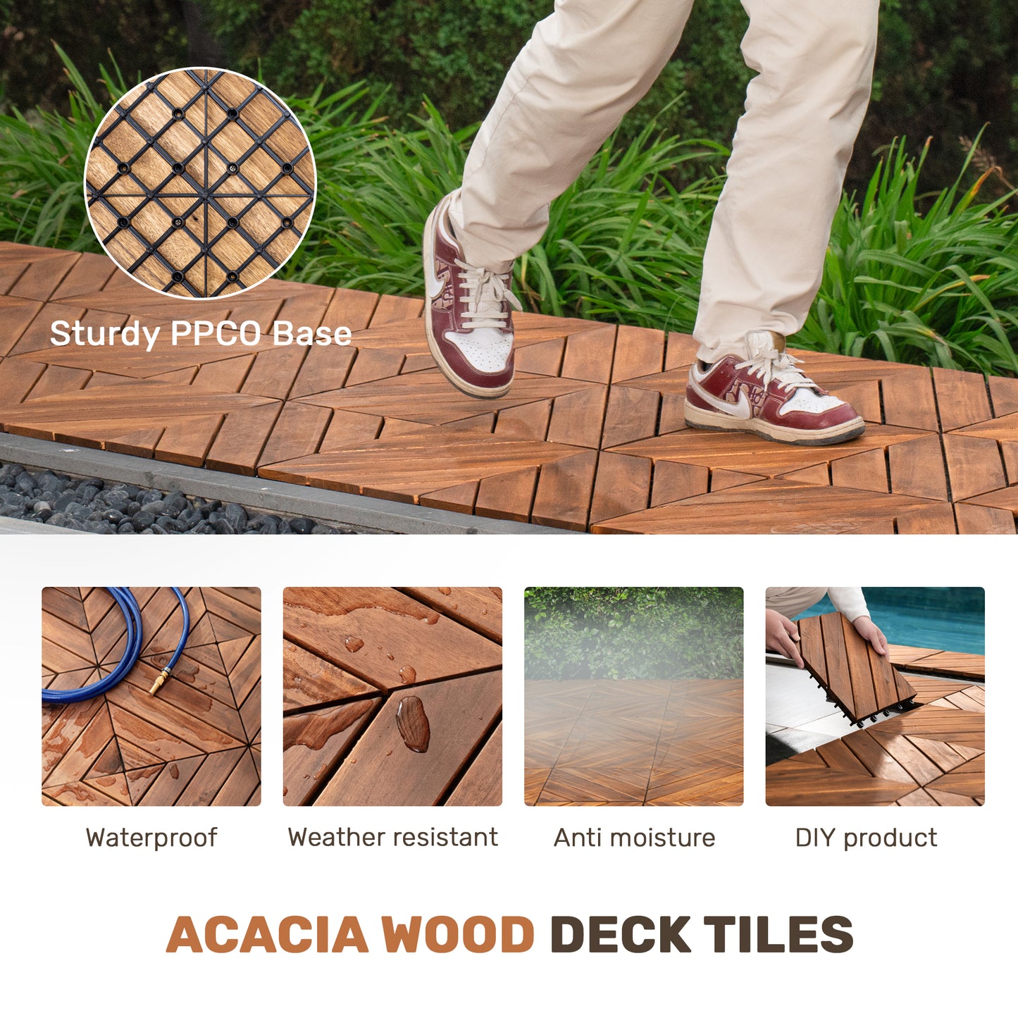 12x12 Acacia Wood Deck Tiles - 27 Piece Outdoor Flooring