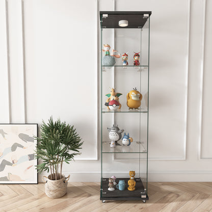 Modern Glass Display Cabinet with LED lights, Quick-assembly Antique Cabinet, Tempered Glass Bookshelf, Suitable for Living Room and Bedrooms, 1-door 4-shelf, Black