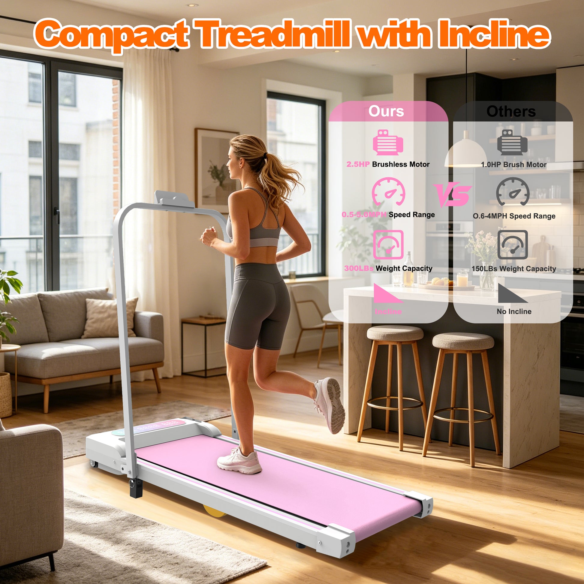 Pink Folding Under Desk Treadmill with Incline for Home Fitness