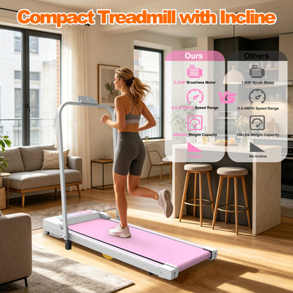 Pink Folding Under Desk Treadmill with Incline for Home Fitness