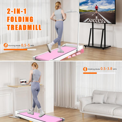 Pink Folding Under Desk Treadmill with Incline for Home Fitness