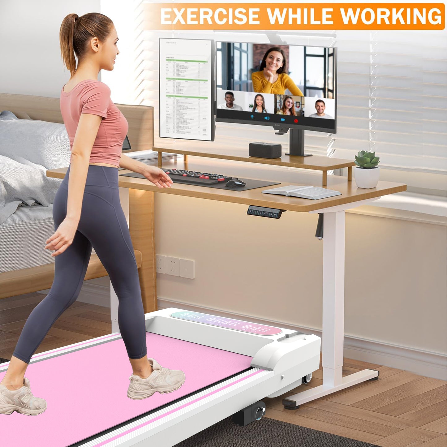 Pink Folding Under Desk Treadmill with Incline for Home Fitness