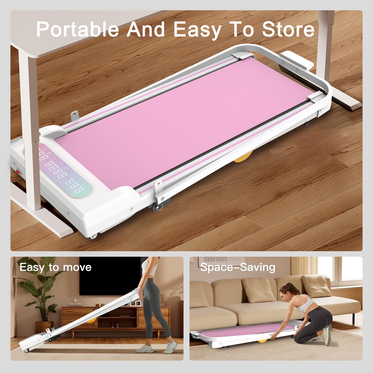 Pink Folding Under Desk Treadmill with Incline for Home Fitness
