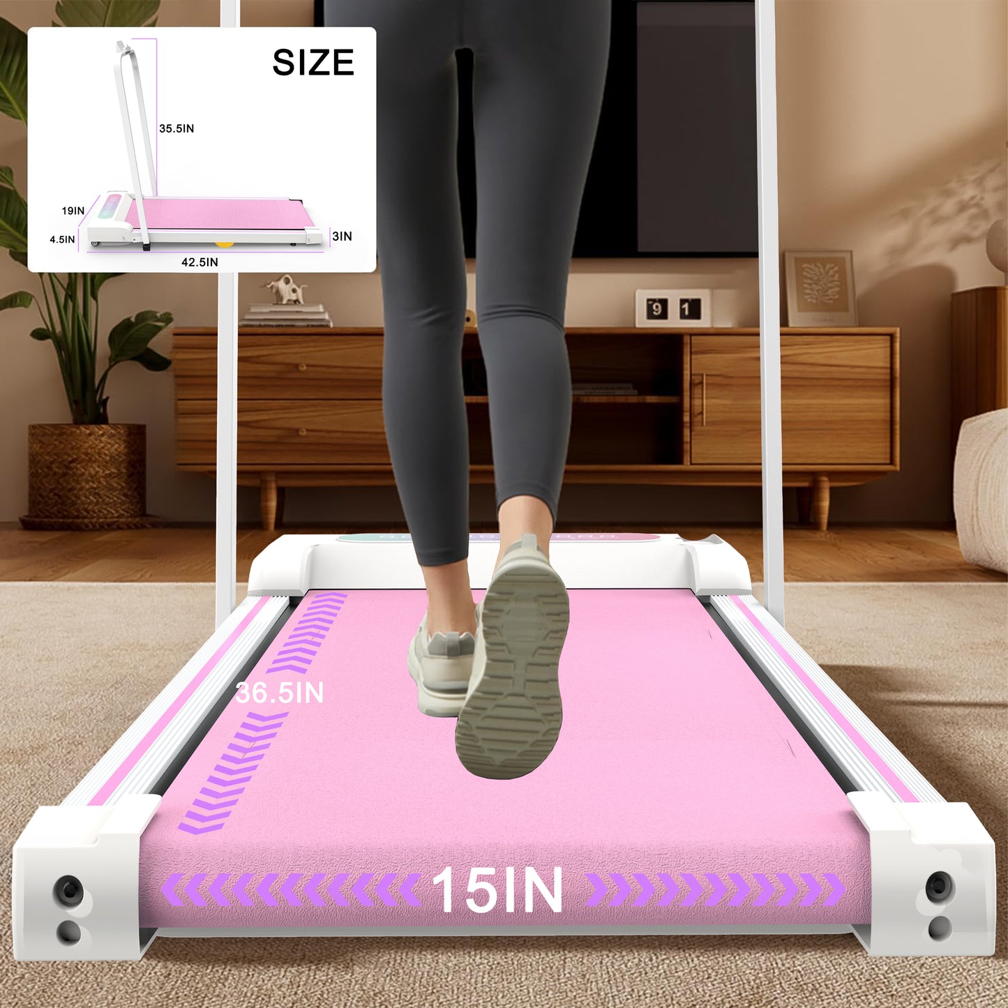 Pink Folding Under Desk Treadmill with Incline for Home Fitness