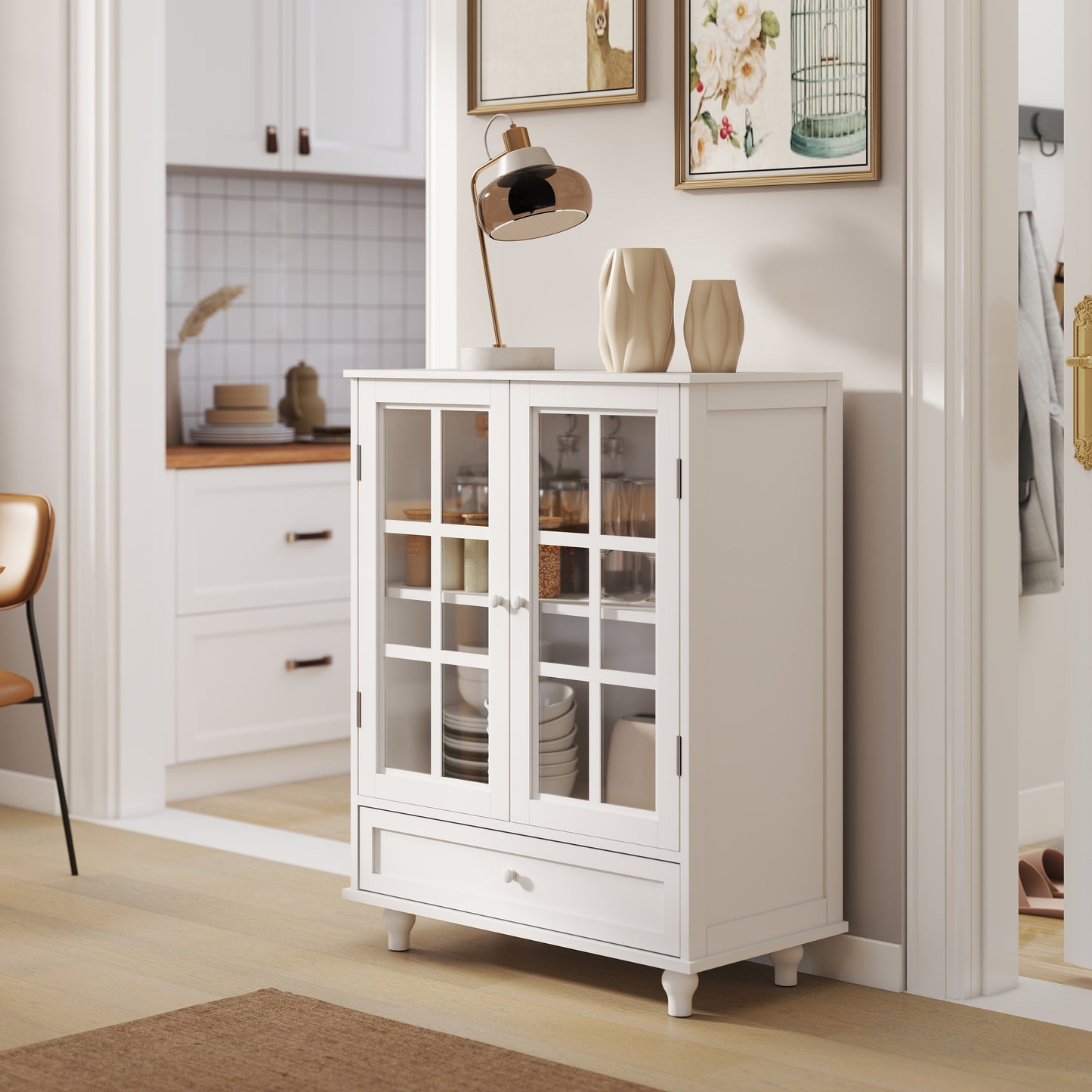 White Buffet Cabinet - MDF Glass Storage Sideboard