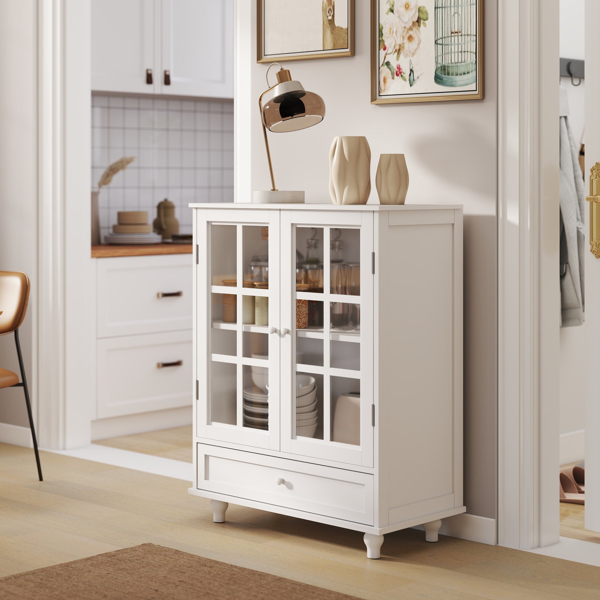 White Buffet Cabinet - MDF Glass Storage Sideboard